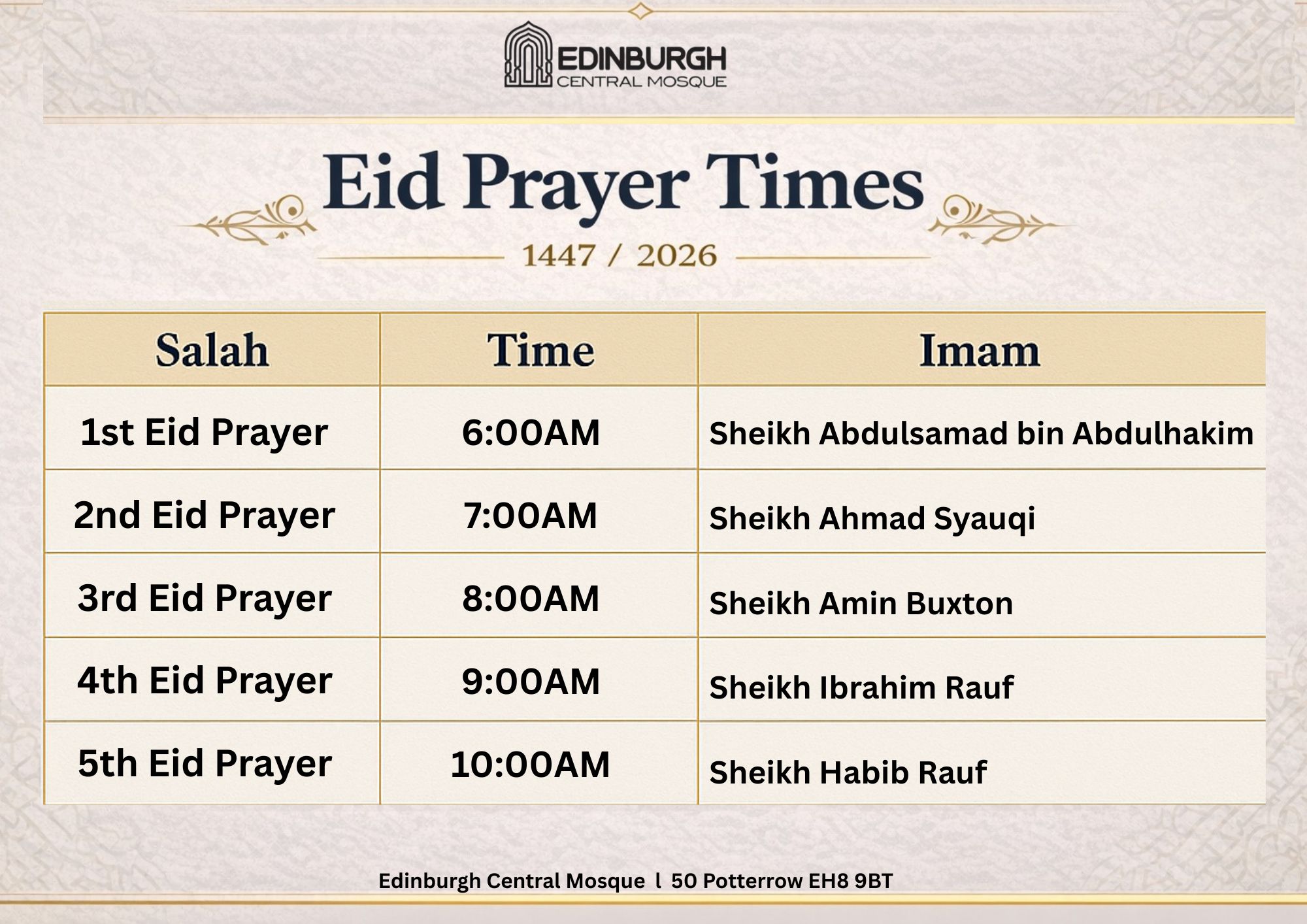 Eidul Adha Prayer Times 1447-2026 – Edinburgh Central Mosque